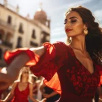 Beautiful female flamenco dancer in traditional dance dress. Young woman dancing flamenco on oldtown square. Flamenco is traditional Seville dance in Spain